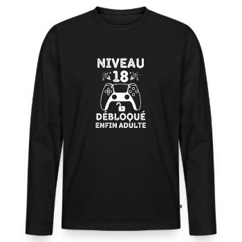 Niveau 18 débloqué enfin adulte 2 - T-shirt manches longues Premium bio Homme - noir - Devant - Nico (187cm)