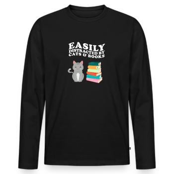 Facilement distrait par les chats et les livres Katze Bücher - T-shirt manches longues Premium bio Homme - noir - Devant - Nico (187cm)