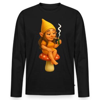 Kiffende Zwergin auf Pilz sitzend - Cannabis/Weed - Männer Premium Bio Langarmshirt - Schwarz - Vorne - Nico (187cm)