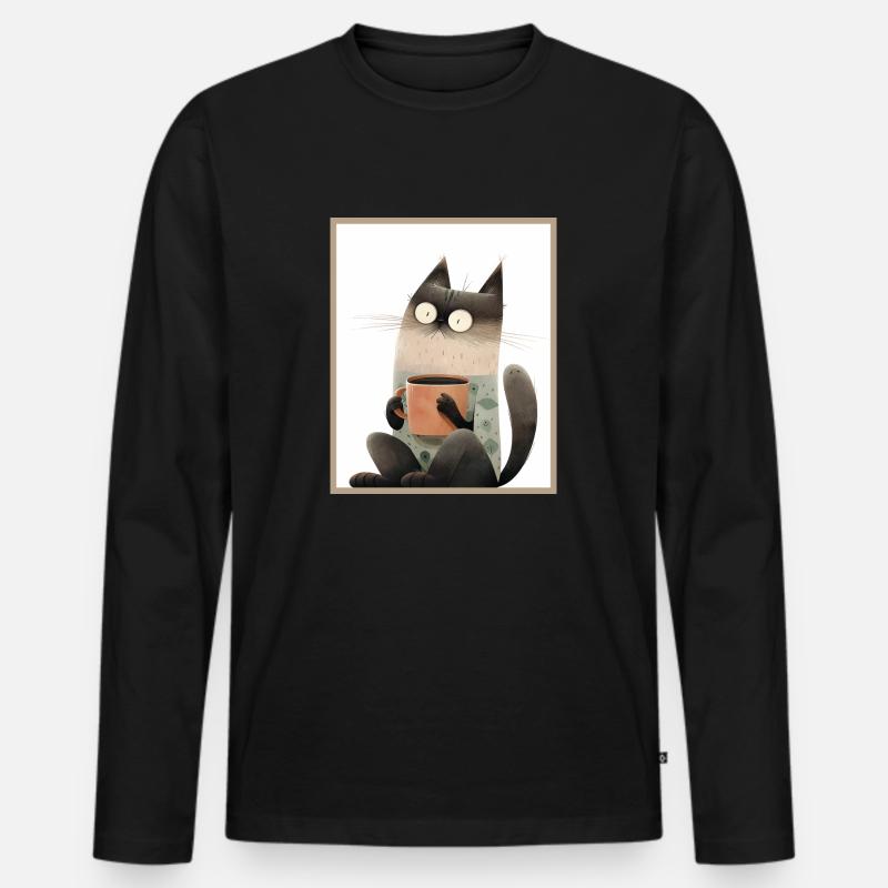 Katze mit Kaffeetasse - Männer Premium Bio Langarmshirt - Schwarz