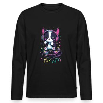 Chat mignon avec des écouteurs et un disque - T-shirt manches longues Premium bio Homme - noir - Devant - Nico (187cm)
