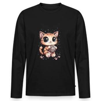 Cute cat with ball of wool - Men's Premium Organic Long Sleeve Shirt - black - Front - Nico (187cm)