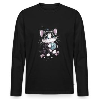 Cute cat with ball of wool - Men's Premium Organic Long Sleeve Shirt - black - Front - Nico (187cm)
