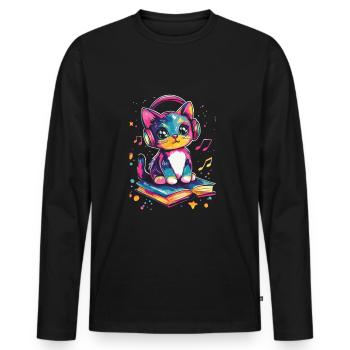 Cute cat with headphones and books - Men's Premium Organic Long Sleeve Shirt - black - Front - Nico (187cm)