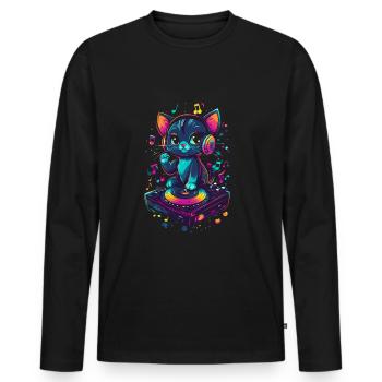 Chat mignon avec des écouteurs et un disque vinyle - T-shirt manches longues Premium bio Homme - noir - Devant - Nico (187cm)