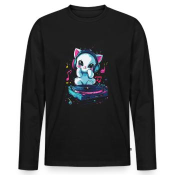 Chat mignon avec des écouteurs et un disque vinyle - T-shirt manches longues Premium bio Homme - noir - Devant - Nico (187cm)
