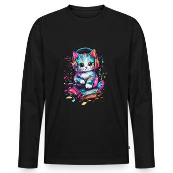 Cute cat with headphones and books - Men's Premium Organic Long Sleeve Shirt - black - Front - Nico (187cm)