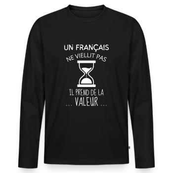 Un Français Ne Vieillit Pas Humour Cadeau France - T-shirt manches longues Premium bio Homme - noir - Devant - Nico (187cm)