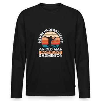 Vieil homme jouant au badminton - T-shirt manches longues Premium bio Homme - noir - Devant - Nico (187cm)