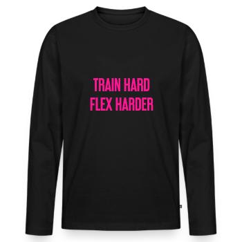 Train Hard Flex Harder - Men's Premium Organic Long Sleeve Shirt - black - Front - Nico (187cm)