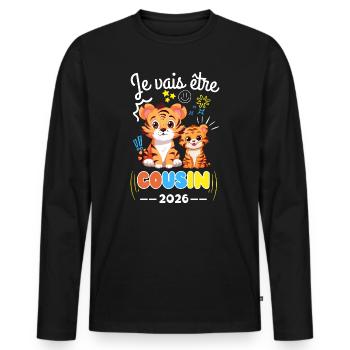 Je Vais Être Cousin 2026 Annonce Grossesse Tigre - T-shirt manches longues Premium bio Homme - noir - Devant - Nico (187cm)
