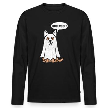 German Shepherd Boo Woof -  Funny Halloween Dog - Men's Premium Organic Long Sleeve Shirt - black - Front - Nico (187cm)
