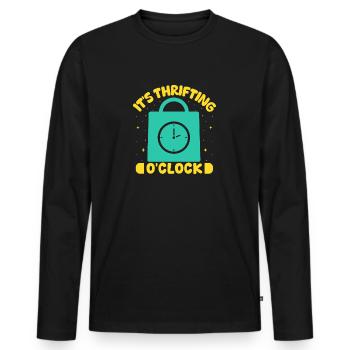 Thrift Shopper It ́s Thrifting O ́Clock Thrift Store - Men's Premium Organic Long Sleeve Shirt - black - Front - Nico (187cm)