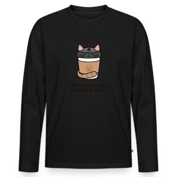 Life is better with Coffee and Cats - Männer Premium Bio Langarmshirt - Schwarz - Vorne - Nico (187cm)
