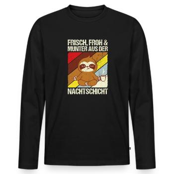 Frisch froh und munter aus der Nachtschicht! Pfleg - Männer Premium Bio Langarmshirt - Schwarz - Vorne - Nico (187cm)