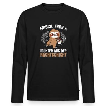 Frisch froh und munter aus der Nachtschicht! Pfleg - Männer Premium Bio Langarmshirt - Schwarz - Vorne - Nico (187cm)