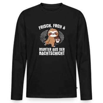 Frisch froh und munter aus der Nachtschicht! Pfleg - Männer Premium Bio Langarmshirt - Schwarz - Vorne - Nico (187cm)