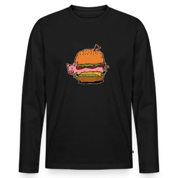 Funny Hamburger Cheese Burger Pig Fast Food - Men's Premium Organic Long Sleeve Shirt - black - Front - Nico (187cm)