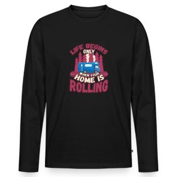 Life starts when your home rolls - Men's Premium Organic Long Sleeve Shirt - black - Front - Nico (187cm)