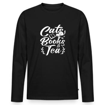 Katze Buchliebhaber Bücher Lesen - Männer Premium Bio Langarmshirt - Schwarz - Vorne - Nico (187cm)