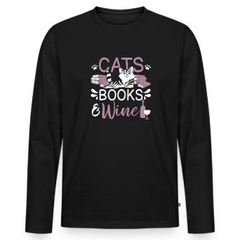 Katze Buchliebhaber Bücher Lesen - Männer Premium Bio Langarmshirt - Schwarz - Vorne - Nico (187cm)