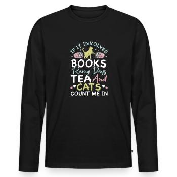 Katze Buchliebhaber Bücher Lesen - Männer Premium Bio Langarmshirt - Schwarz - Vorne - Nico (187cm)