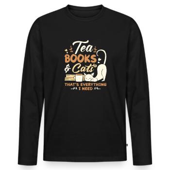 Katze Buchliebhaber Bücher Lesen - Männer Premium Bio Langarmshirt - Schwarz - Vorne - Nico (187cm)