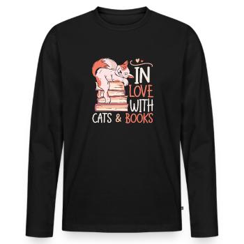Katze Buchliebhaber Bücher Lesen - Männer Premium Bio Langarmshirt - Schwarz - Vorne - Nico (187cm)