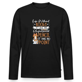 Katze Buchliebhaber Bücher Lesen - Männer Premium Bio Langarmshirt - Schwarz - Vorne - Nico (187cm)