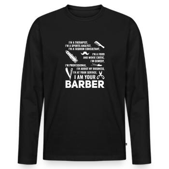 Salon de coiffure Coiffeur Coiffeur Barbier - T-shirt manches longues Premium bio Homme - noir - Devant - Nico (187cm)