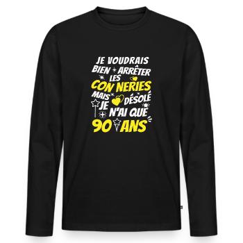 connerie 90 ans / cadeau anniversaire 90 ans - T-shirt manches longues Premium bio Homme - noir - Devant - Nico (187cm)