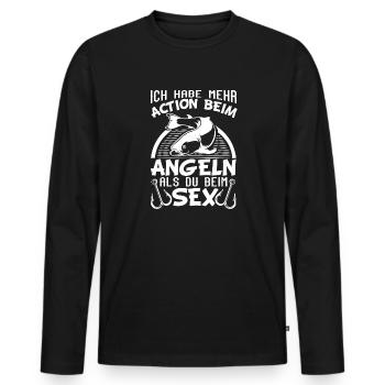Versauter Angler Spruch Ich Habe Mehr Action Beim - Männer Premium Bio Langarmshirt - Schwarz - Vorne - Nico (187cm)