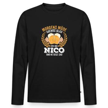 Nico Vorname Name Geburtstag Bier saufen - Männer Premium Bio Langarmshirt - Schwarz - Vorne - Nico (187cm)