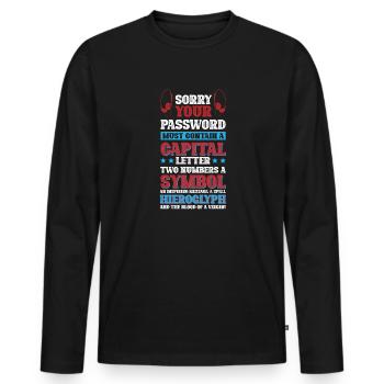 Entschuldigung, Ihr Passwort muss ein Großbuchstaben enthalten - Männer Premium Bio Langarmshirt - Schwarz - Vorne - Nico (187cm)