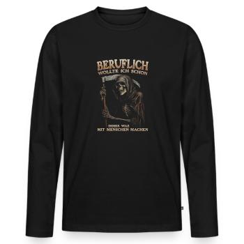 wollte ich schon immer was mit Menschen machen - Männer Premium Bio Langarmshirt - Schwarz - Vorne - Nico (187cm)