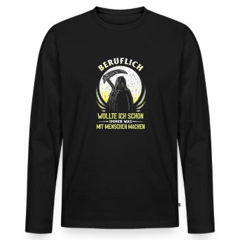 wollte ich schon immer was mit Menschen machen - Männer Premium Bio Langarmshirt - Schwarz - Vorne - Nico (187cm)