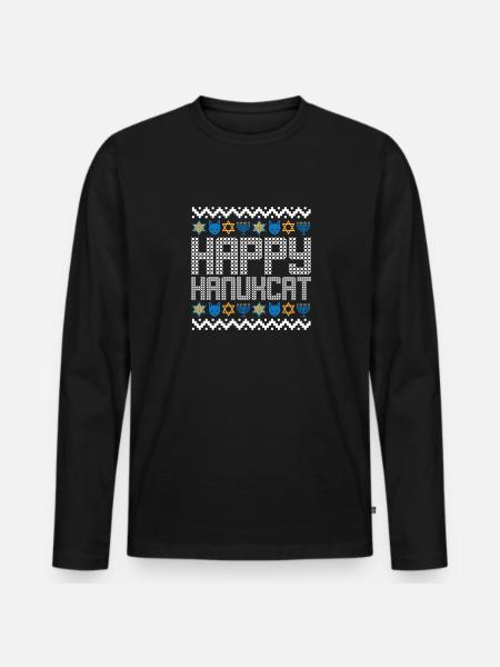 Happy Hanukcat Hanukkah Jewish Ugly Christmas Cat - Men's Premium Organic Long Sleeve Shirt - black