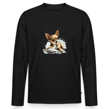 Chihuahua mignon avec une tasse de café Chiwawa - T-shirt manches longues Premium bio Homme - noir - Devant - Nico (187cm)