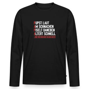 PAPA – farts loudly, snoring, next to it - Men's Premium Organic Long Sleeve Shirt - black - Front - Nico (187cm)