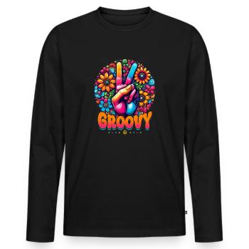 Signe De Paix & De Paix, Groovy, Fleurs - T-shirt manches longues Premium bio Homme - noir - Devant - Nico (187cm)