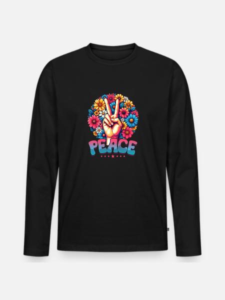 Frieden & Peace Zeichen, Blumen - Männer Premium Bio Langarmshirt - Schwarz