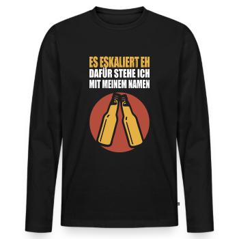 Es eskaliert eh, dafür steh ich mit meinem Namen - Männer Premium Bio Langarmshirt - Schwarz - Vorne - Nico (187cm)