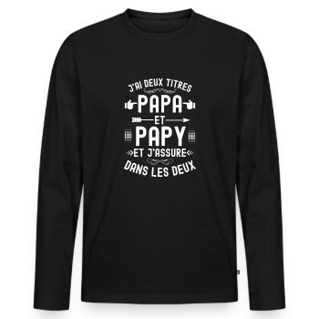 J ai deux titres papa et papou - T-shirt manches longues Premium bio Homme - noir - Devant - Nico (187cm)
