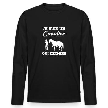 Humour Cheval cavalier qui déchire - T-shirt manches longues Premium bio Homme - noir - Devant - Nico (187cm)
