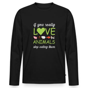 Vegan Fleischlos Tierlieb & Veganer - Männer Premium Bio Langarmshirt - Schwarz - Vorne - Nico (187cm)