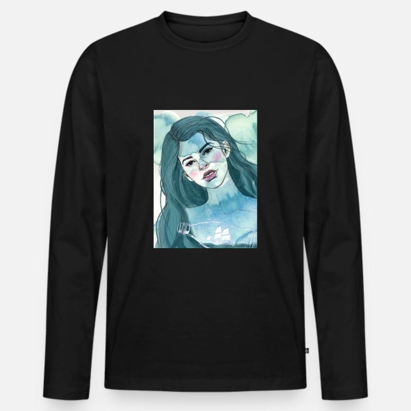 Mädchen mit Flaschenschiff - Männer Premium Bio Langarmshirt - Schwarz