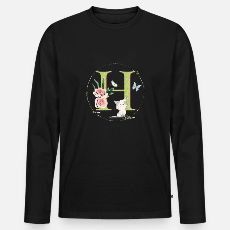 Lettre initiale A avec chat - T-shirt manches longues Premium bio Homme - noir