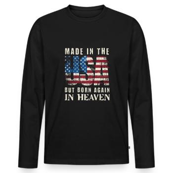 Fabriqué aux États-Unis mais né au paradis - T-shirt manches longues Premium bio Homme - noir - Devant - Nico (187cm)