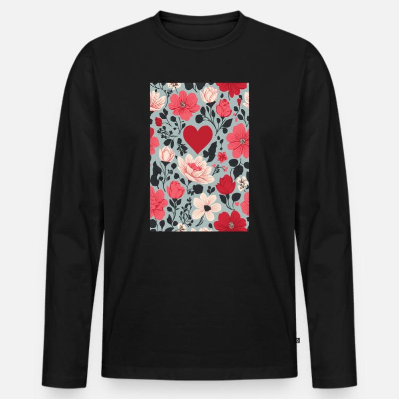 Herzen und Blumen Muster - Männer Premium Bio Langarmshirt - Schwarz