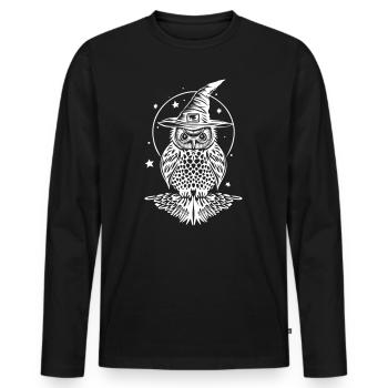 Eule mit Hexenhut und Sternen im Herbst - Männer Premium Bio Langarmshirt - Schwarz - Vorne - Nico (187cm)